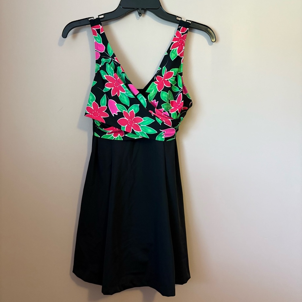 It Figures Black and Green Floral One-Piece Swim Dress with Crossover V-Neck